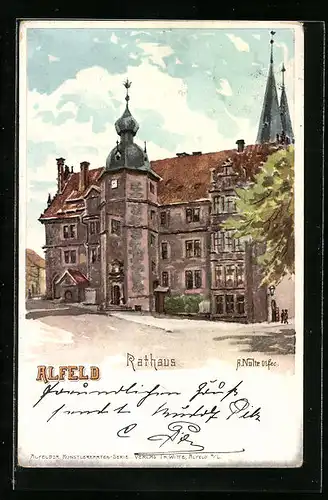 Lithographie Alfeld, Ortspartie am Rathaus
