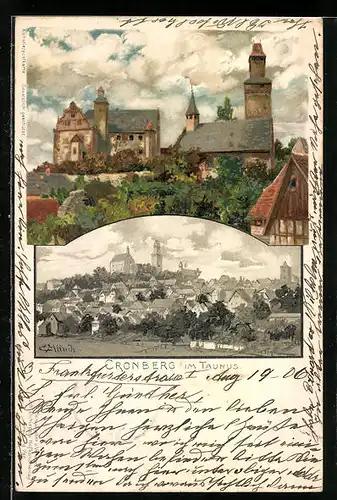 Künstler-AK Carl Münch: Cronberg /Taunus, Panorama und Burg