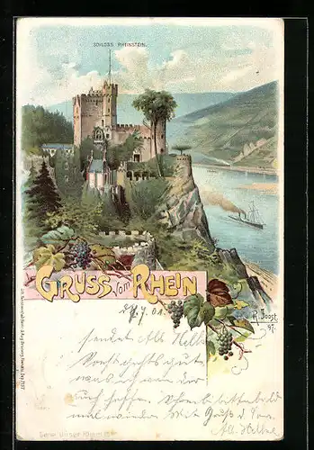 Lithographie Niederwald, Schloss Rheinstein