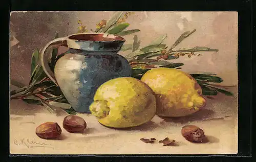 Künstler-AK Catharina Klein: Blauer Krug posiert mit Zitronen und Haselnüssen