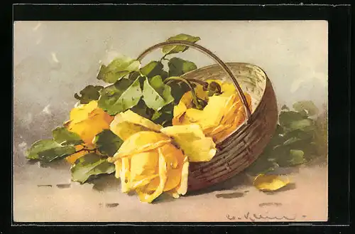 Künstler-AK Catharina Klein: Gelbe Rosen im Körbchen