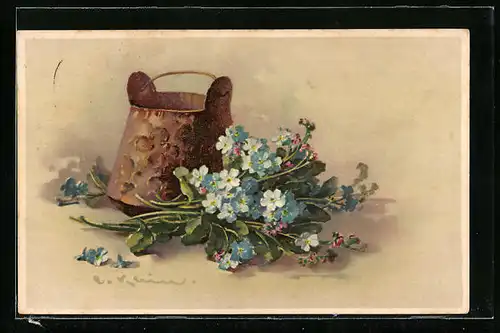 Künstler-AK Catharina Klein: Vase mit Henkel und zartblaue Blüten