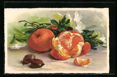 Künstler-AK Catharina Klein: Saftige, aufgeschnittene Frucht mit Nüssen