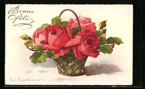 Künstler-AK Catharina Klein: Wunderschöne rote Rosen in einer Korbvase