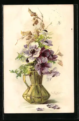 Künstler-AK Catharina Klein: Bunter Strauss mit violetten Blüten in einem Krug