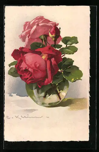 Künstler-AK Catharina Klein: Wunderschöne erblühte Rosen in einem Wasserkrug