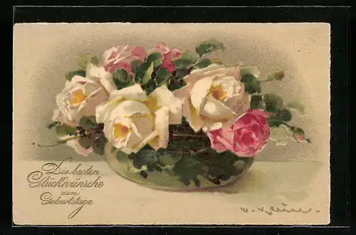 Künstler-AK Catharina Klein: Schale mit Rosen, Geburtstagsgruss