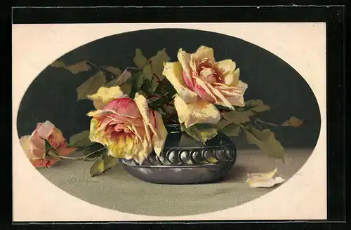 Künstler-AK Catharina Klein: Gelbe Rosen in einer Vase