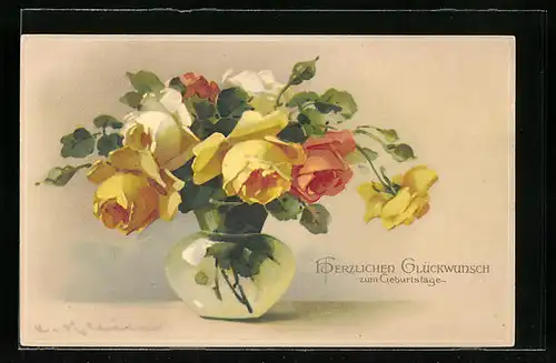 Künstler-AK Catharina Klein: Rosen in einer Vase, Geburtstagsgruss