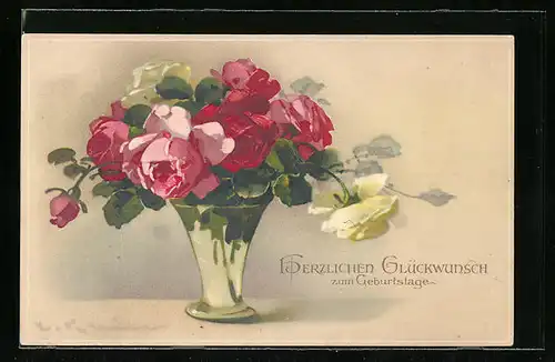 Künstler-AK Catharina Klein: Rosen in einer Vase, Geburtstagsgruss