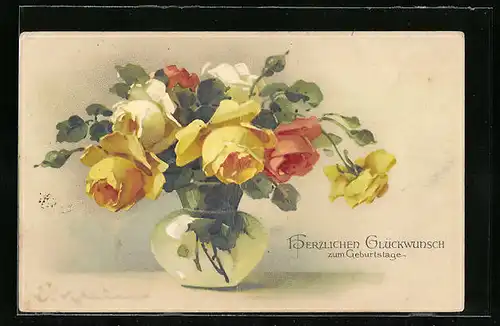 Künstler-AK Catharina Klein: Rosen in einer Vase, Geburtstagsgruss