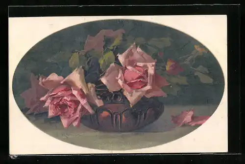 Künstler-AK Catharina Klein: Rosafarbene Rosen in einer Vase