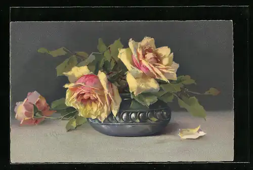 Künstler-AK Catharina Klein: Gelbe Rosen in einer Vase