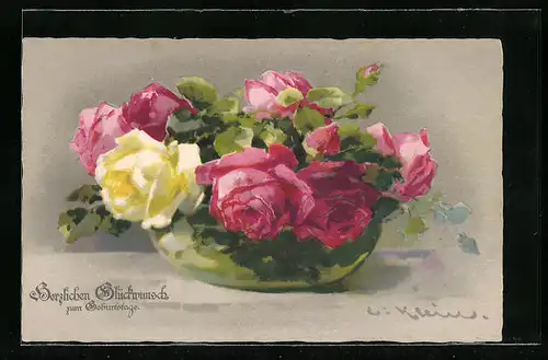 Künstler-AK Catharina Klein: Rosen in einer Vase, Geburtstagsgruss