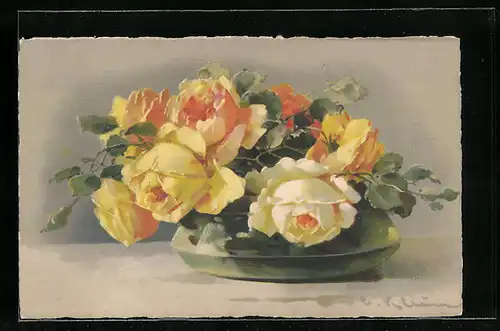Künstler-AK Catharina Klein: Gelbe Rosen in einer Vase