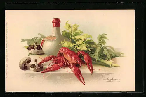 Künstler-AK Catharina Klein: Stillleben Flasche mit Hummer und Champignons