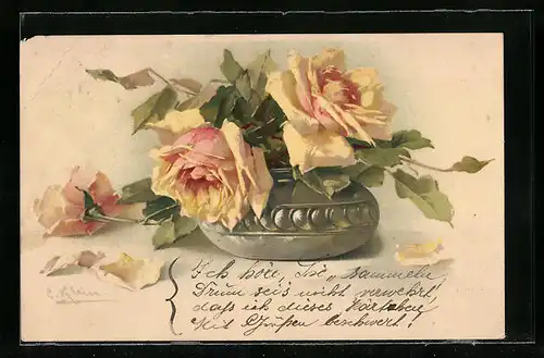 Künstler-AK Catharina Klein: Gelbe Rosen in einer Vase