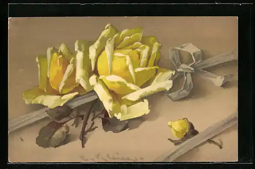Künstler-AK Catharina Klein: Gelbe Rosen mit Schleife