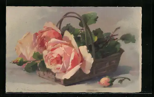 Künstler-AK Catharina Klein: Rosafarbene Rosen im Korb