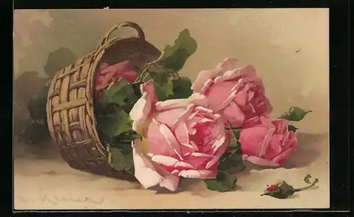 Künstler-AK Catharina Klein: Umgekippter Korb mit rosafarbenen Rosen