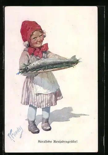 Künstler-AK Karl Feiertag: Kleines Mädchen einen Neujahrskarpfen servierend