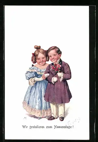Künstler-AK Karl Feiertag: Junge und Mädchen gratulieren zum Namenstag in festlicher Kleidung