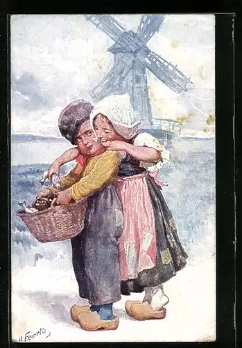 Künstler-AK Karl Feiertag: Junge und Mädchen in Niederländischer Tracht vor einer Windmühle