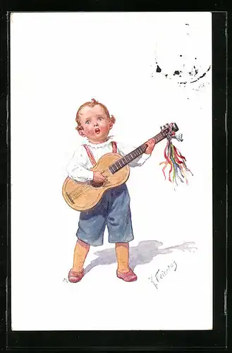 Künstler-AK Karl Feiertag: Kleiner Troubadour mit Gitarre