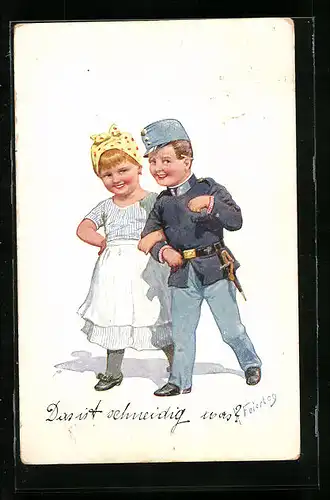 Künstler-AK Karl Feiertag: Schneidiger kleiner Soldat mit seinem Mädchen im Arm