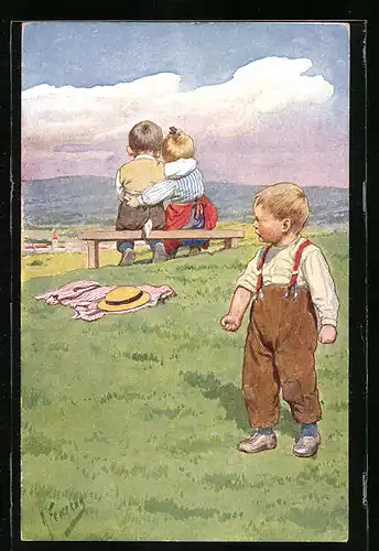 Künstler-AK Karl Feiertag: Kleines Pärchen Arm in Arm, mit enttäuschtem Nebenbuhler