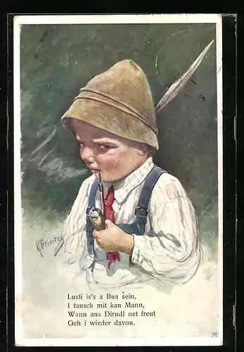 Künstler-AK Karl Feiertag: Kleiner Pfeife rauchender Junge mit Sepplhut