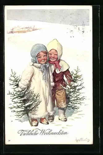 Künstler-AK Karl Feiertag: Mädchen und Junge im Schnee mit Tannenbäumen