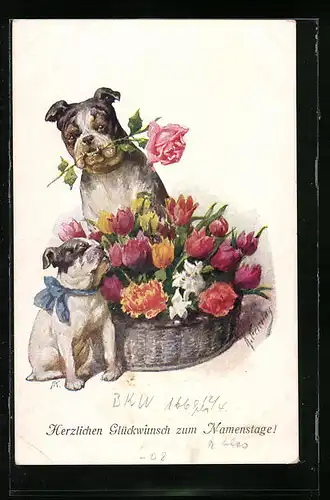 Künstler-AK Karl Feiertag: Bulldoggen mit einem grossen Korb voller Blumen