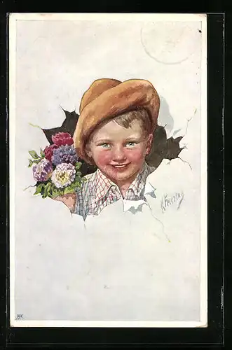 Künstler-AK Karl Feiertag: Kleiner Lausebengel mit Blumenstrauss