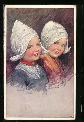 Künstler-AK Karl Feiertag: Kleine Niederländische Mädchen mit ihren weissen Hauben