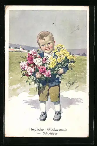 Künstler-AK Karl Feiertag: Glückwünsche und Blumen überbringender kleiner Junge