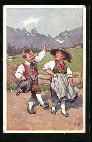 Künstler-AK Karl Feiertag: Lustige Wanderschaft eines Jungens und eines Mädchens