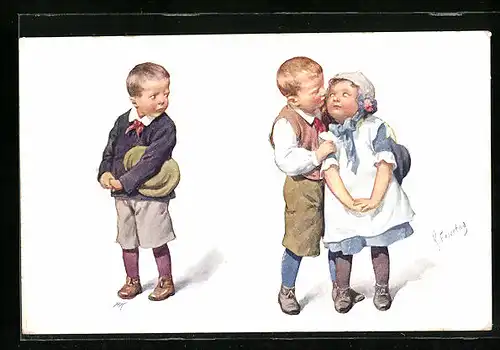 Künstler-AK Karl Feiertag: Schäkerndes Pärchen mit traurigem Nebenbuhler