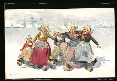 Künstler-AK Karl Feiertag: Fröhliche Niederländische Mädchen in ihren Holzpantinen