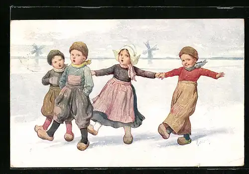 Künstler-AK Karl Feiertag: holländische Kinder in Holzpantoffeln in Winterlandschaft mit Windmühlen