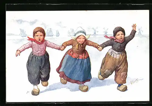 Künstler-AK Karl Feiertag: Kleine Holländerin mit zwei Jungs an den Händen