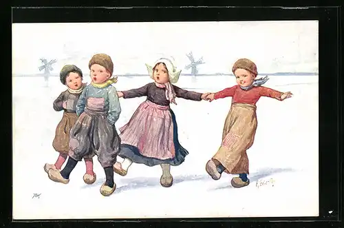 Künstler-AK Karl Feiertag: holländische Kinder in Holzpantoffeln in Winterlandschaft mit Windmühlen