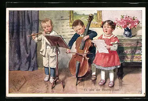Künstler-AK Karl Feiertag: Es lebe der Reservemann, musizierende Kinder