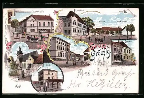 Lithographie Gröbzig, Hotel Dessauer Hof, Restaurant Ratskeller, Marktplatz, Kriegerdenkmal und Lange Strasse