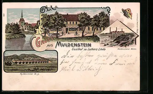 Lithographie Muldenstein, Gasthof zu Luthers Linde, Muldensteiner Werke und Kirche