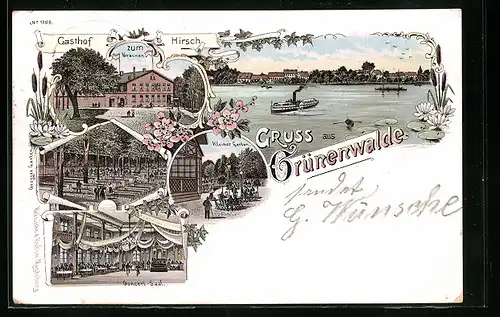 Lithographie Grünenwalde, Gasthof zum Hirsch mit Garten, Panorama mit Salondampfer
