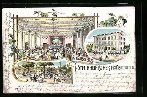 Lithographie Bitterfeld, Hotel Rheinischer Hof mit Innenansicht des Festsaals