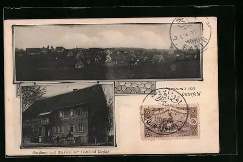 AK Bitterfeld, Gasthaus und Bäckerei von Gotthold Merkle, Panorama aus der Ferne