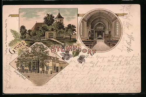 Lithographie Stumsdorf, Roegen`s Hotel, Pfarrkirche mit Innenansicht