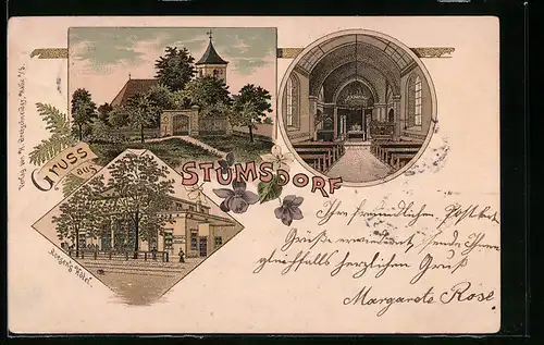 Lithographie Stumsdorf, Roegen`s Hotel, Pfarrkirche mit Innenansicht